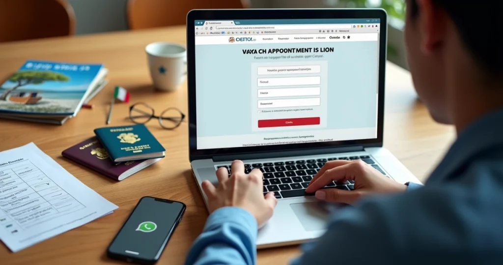 Pessoa preenchendo formulário de agendamento para passaporte italiano no laptop com documentos organizados na mesa